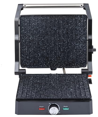 Salter EK5857 Megastone Health Grill – Non-Stick Panini Maker, Plates Open Flat 180°, No Oil Needed, Adjustable Temperature, Power/Ready Lights, Removable Drip Tray, Cool Touch Handles, 2000W
