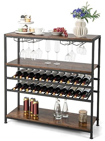 COSTWAY Estante de Vinos para 20 Botellas, Armario de Bar Independiente con 2 Estantes de Vino y 4 Filas de Soportes de Copas, Amplia Parte Superior y Estantes Abiertos para Cocina Comedor Buffet