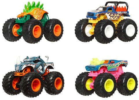 Hot Wheels Pack de 4 Monster Trucks Assortiment de véhicules à l’échelle 1/64, roues géantes, personnages préférés, superbes décorations, JGD65