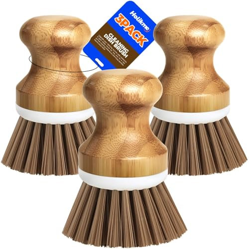 Holikme 3 Pack Geschirrbürsten Palm Brush Dish Scrubber Bamboo Round Natural Scrub Brush Cleaning Kit für die Reinigung von Töpfen, Pilzen und Gemüse, Braun