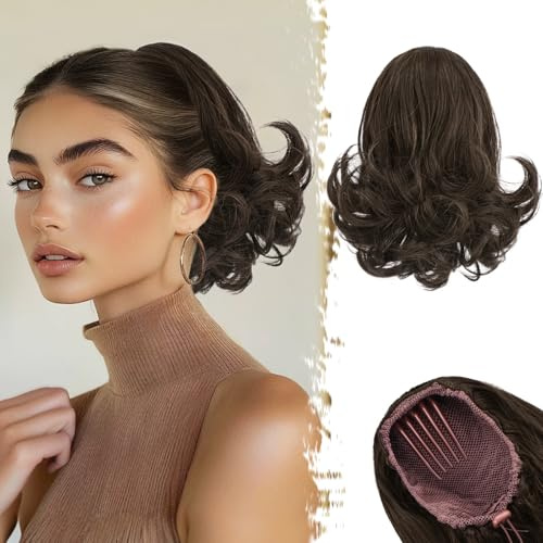 BARSDAR Corto Marrone Coda di Cavallo Extension, 25cm Ondulati Coda Capelli Extensions con Coulisse per Donna Sintetici Pettini Clip in Posticci Finta Coda di Cavallo - Marrone