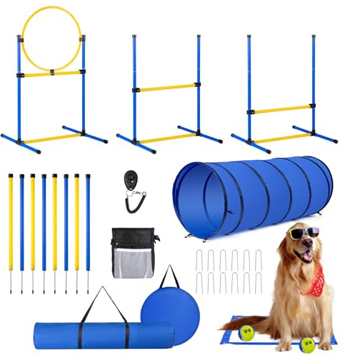 Dog Agility Course Backyard Set，Dog Agility Equipment, Dog Obstacle Course Backyard With 2-Set Agility Hurdle ，Jump Ring, 8 Weave Poles, Tunnel, Pause Box, Toy Balls And 2 Portable Carrying Bags