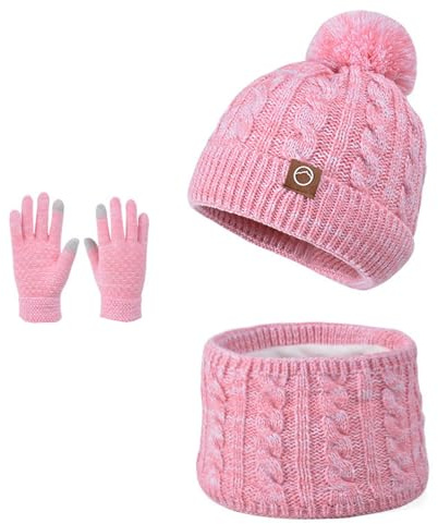 BESTORI 3 en 1 Ensemble Bonnet-Echarpe-Gants pour Enfant Hiver Gants à Écran Tactile Bonnet Enfant avec Pompon Tour de Cou pour 4 à 10 ans Garçons Filles, Rose 02