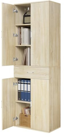 eSituro Aktenschrank, Schrank mit Schublade Türen, Mehrzweckschrank Kleiderschrank Küchenschrank Büroschrank Hochschrank, 60x180x34 cm, helle Eiche