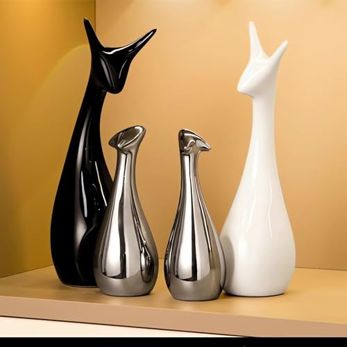 JXCBXJ Estatua de cerámica, Figuras de Familia de Ciervos de Porcelana (Juego de 4), decoración Creativa de cerámica, Adornos de Manualidades, decoración del hogar. (Negro Blanco Plata Ciervo)