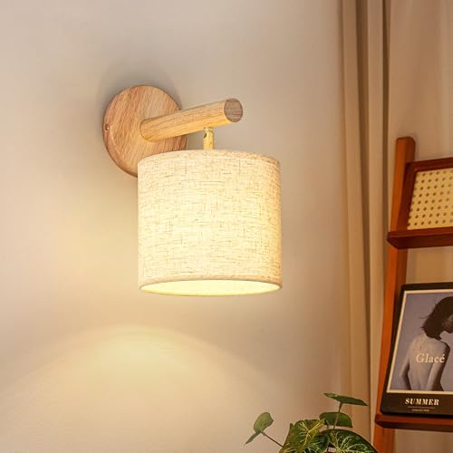 Gleonlux Aplique de Pared Interior Vintage, Apliques Pared Dormitorio Madera E14 Retro, Lamparas de Pared Lino para Dormitorio Pasillo Escalera, Sala de Estar comedor (Bombilla no Incluida)