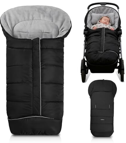 Gobesty Fußsack Kinderwagen Winter, Winter-Fußsack für Kinderwagen, Baby Winter mit Wamres Polar Fleece, Universelle & Wasserdicht, Anti-Rutschschutz & Reflektorstreifen Reißverschluss, (Schwarz)