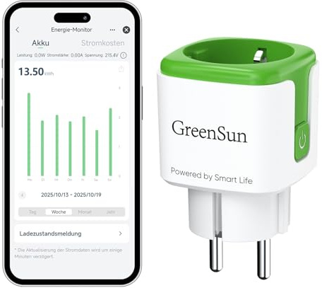 GreenSun WLAN Steckdose mit Strommessung Smart Life APP - Stromzähler für Steckdose Stromverbrauch Energiekostenmesser Zeitschaltuhr Sprachsteuerung mit Alexa &Google 16A 1PC