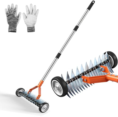Viugreum Escarificador Ajustable con Rodillos, Rastrillo Manual con Mango y Ruedas, Rastrillo Metálico para Eliminar Paja y Hierba Muerta, Escarificador de Césped para Jardín, Patio y Césped