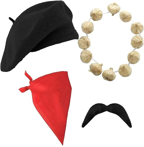 Franskt set och kit med svarta basker röd bandana vitlöksringar och svart mustasch utklädningstillbehör – franskt maskeradkit fransk konstnärs kostym kit med franskt målarset