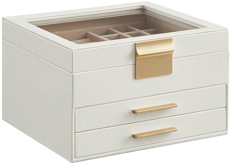 SONGMICS GISELLA Collection - Jewelry Box Organizer, 3-Layer Jewelry Storage with 2 Drawers, Shiny Metal Hardware, Glass Lid, Modern, 8 x 9.1 x 5.3 Inches, Cloud White and Gold Color UJBC239WT