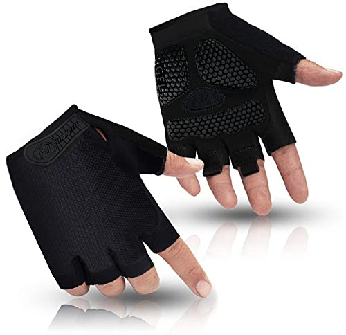 HuwaiH Bike Gloves for Men/Women, Cycling Gloves with Anti-Slip Shock-Absorbing Pad Half Finger Biking Bicycle Gloves (Black, Small)