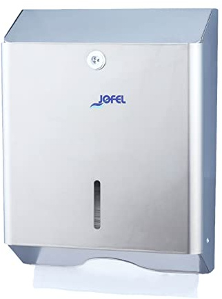 Jofel - Dispensador de Papel de Manos, Toallas Faciales, Dispensador de Papel Secamanos de Pared, hasta 600 Toallitas Zig-Zag, Antivandálico, Carcasa Inoxidable, Clásica AH14200, INOX Satinado