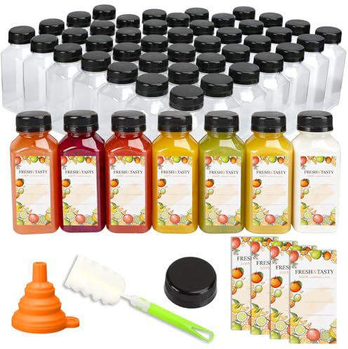 TOMNK 100 PACK 8 OZ Plastic Juice Bottles with Caps, Sticker Labels, Brush