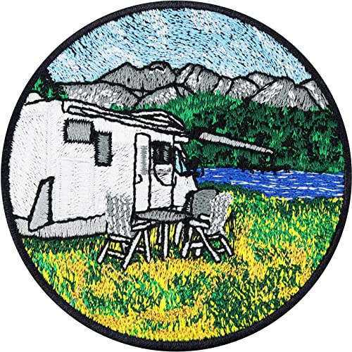 Écusson Thermocollant Patch pour camping-car | Autocollant de camping dans les Alpes | Résistant aux intempéries | À coudre sur les vêtements | 80x80mm