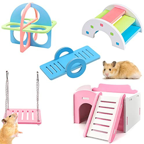 Cisolen 5 Stück Hamster Spielzeug Haus Regenbogenbrücke Trainingspielzeug Käfig Wippe Schaukel Hamsterkäfig Zubehör Hamster Spielplatz für Hamsters Ratten Rennmäuse Kleintiere