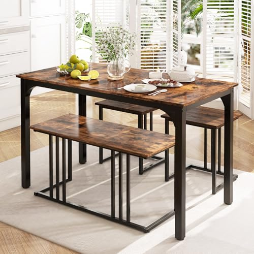 COSTWAY Ensemble de Table à Manger 4 Pièces, Table avec Banc et 2 Tabourets pour 4 Personnes, Structure en Métal Antirouille, pour Cuisine, Restaurant, Bar (Marron Rustique)
