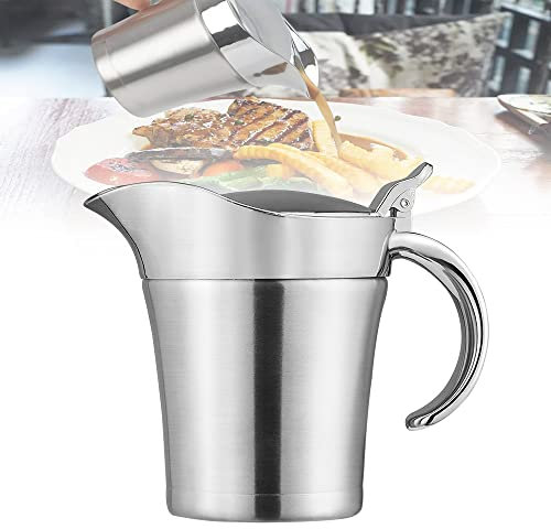 Stainless Steel Gravy Boat, 500ml with Easy Lift Lid, Double Wall Insulated Dining Table Sauce Jug for Cream, Milk, Gravy, Custard