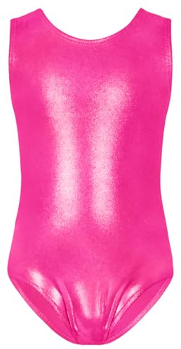 TENVDA Gymnastics Leotards for Girls 7-8 Years Old Metallic Sparkly Solid Hotpink Tumbling Outfit Stretchy Workout Bodysuits