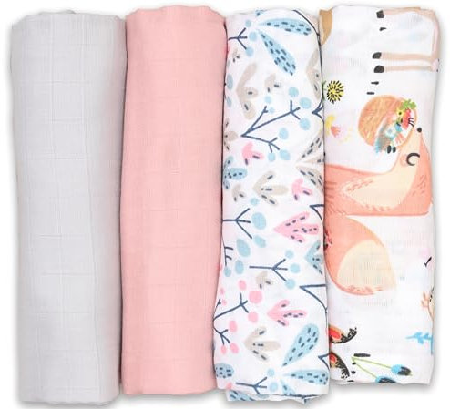 FENSILO -Mulltücher - Gasa - Pack de 4 paños de Muselina, 60 x 75 cm, paño para niños y niñas, pañales de Gasa para bebé, Gris, Rosa, Animales y Cactus