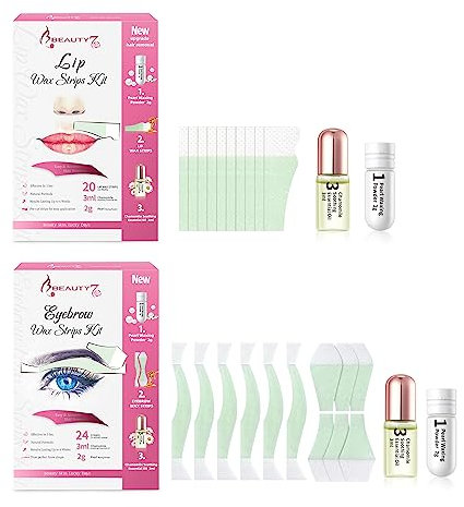 Haarentfernungsstreifen für Augenbrauen + Lippen, Wachsformel für empfindliche Haut, 44 Streifen mit Perlenpulver und ätherischem Kamillenöl Beauty7
