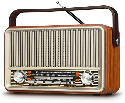 PRUNUS J-120 AM/FM/SW Retro Radio Klein, Kofferradio mit 1800mAh Akku, oder AC-Strom, Küchenradio Nostalgie Radio mit Bluetooth, Unterstützt USB/TF/AUX, Einfaches Radios für Senioren.[Hellgold]