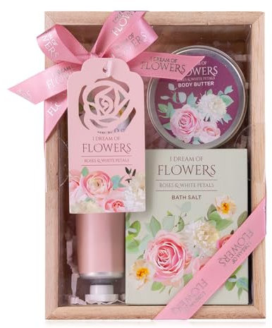 Accentra – Set da bagno da donna I DREAM OF FLOWERS in bella confezione regalo – Set di 3 pezzi con crema per le mani, burro per il corpo e sali da bagno – Set regalo per San Valentino e festa della