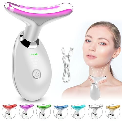Gesichtsmassagegerät Gegen Falten, Schönheit Gerät für Gesicht und Hals, 45℃ Face Massager, Lichttherapie Gesicht, Massagegerät Gesicht, Tragbares EMS Gesichtsmassage für Frauen Männer (Weiß)