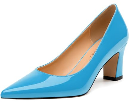 GUAVAIVY Women's Pumps, Pointed Closed Toe Mid Heels, Slip On Patent Shoes for Working Partying Wedding Sky Blue Patent Size 9
