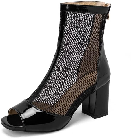 Asterisco Bottines Femme À Talon Bloc Mesh Shaft Talons Hauts Boot Peep Toe Zip Eté Sandals, Taille 33.5-48