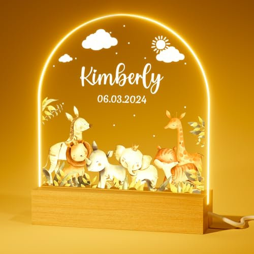 iDIY Personalisierte Geschenke Baby - Nachtlicht Personalisiert, Babygeschenke zur Geburt Mädchen, Geschenk zur Geburt Junge - Tiersafari