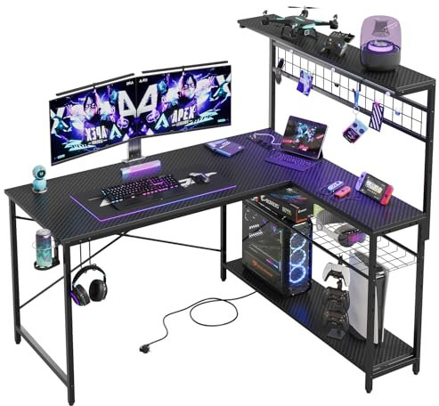 Bestier Gaming Desk 130 cm L förmig Reversibler Eckschreibtisch mit Steckdosen LED-Lichtern 4 Regalböden Haken & Becherhalter Ideal für Home Office und Gaming
