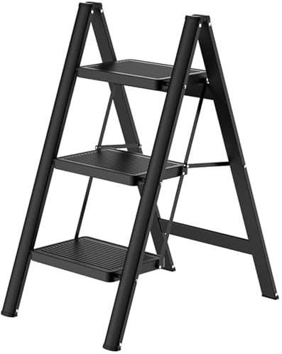 Gr8 Home Black Portable 3 Step Ladder Foldable Stool Non Slip Tread Heavy Duty Metal Steel Compact Lightweight Folding Home DIY Kitchen Aid