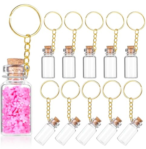 HJZHII 10 mini bottiglie di vetro, 3 ml, portachiavi con tappo in sughero, piccoli barattoli, bottiglie per pozioni, bottiglie in miniatura per messaggi, fai da te, zaini, borse, da appendere per