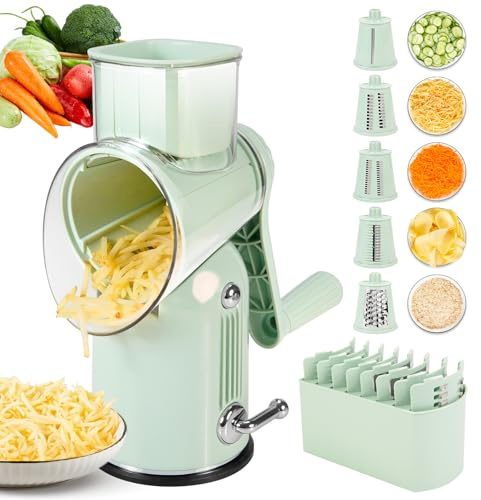 Rotary Cheese Grater with Handle Vegetable Shredder with 5 Interchangeable Blades, Kitchen Food Slicer and Chopper with Strong Suction Base for Fruit Vegetables Nuts with Blade Storage Box (Green)