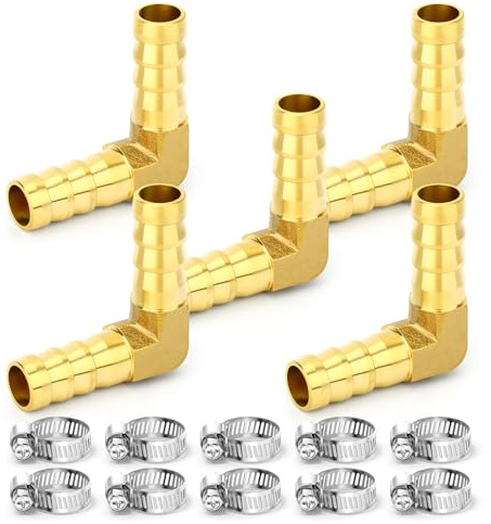 TAILONZ 5Pzs Codo Reductor 90° Latón 12mm con Abrazaderas | Codo Reductor 90°, Espigas Barbadas, Incluye Abrazaderas, Cuerpo De Latón.