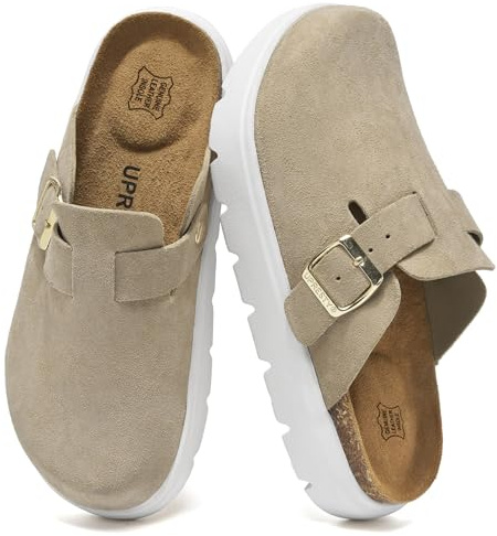 UpResty 100% Genuine Suede Clogs for Women with Arch Support, Platform Womens Clogs with Memory Foam Insole, Comfort Leather Mules for Women with Adjustable Strap, Wedge Cork Sandals Beige 40EU