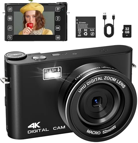 Camara de Fotos 4K 48MP, Camara Fotografica con Tarjeta TF 32GB, Pantalla Táctil, Función MP3, 16X Digital Zoom, Vlogging Camara Fotos Digitals Compacta para Principiantes, Estudiantes Viajar (Negro)