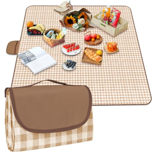 AYBUY Picknickdecke, 200 x 200cm, Faltbare Campingdecke mit wasserdichter Unterseite，Sandfeste Strandmatte mit Tragegriff，Waschbar Picknickdecken für Outdoor, Camping, Strand, Park, Kaffeeblau