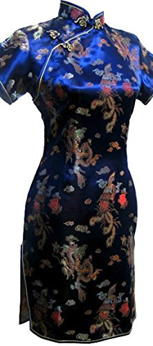 UK Seller Navy Blue Dragon & Phoenix Chinese Short Evening Mini Party Dress Cheongsam Qipao Despatch Same Working Day (UK 6)