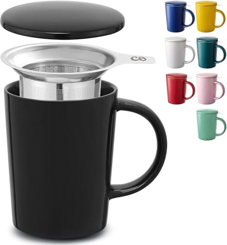 Cosumy Teetasse mit Deckel und Sieb 400ml - Keramik Mitternachtsschwarz - Hält Lange warm - Spülmaschinenfest
