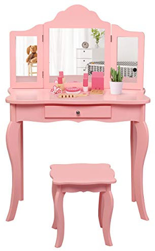 COSTWAY 2 in 1 Kinder Schminktisch mit Hocker, Frisiertisch mit 3-Fach abnehmbarem Spiegel & Schublade, Kosmetiktisch Mädchen Holz, 70x34x103cm (Rosa)