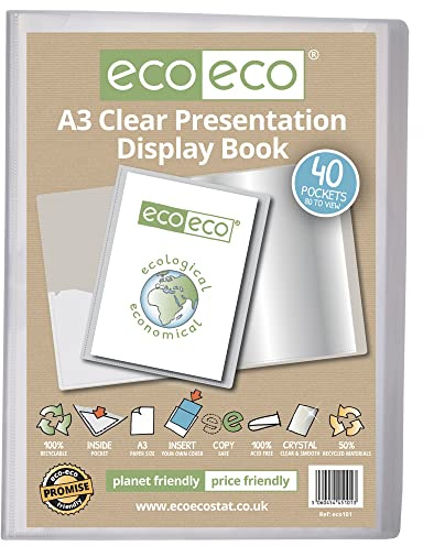 eco-eco Eco101 - Raccoglitore per presentazioni, formato A3, 50% riciclato, 40 tasche, trasparente, con buste in plastica