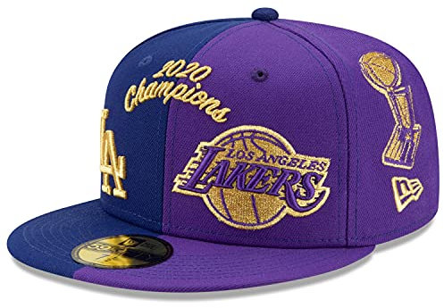New Era LA Los Angeles Dodgers Lakers 59FIFTY Dual Champions Split 2020 Championships Cappellino Blu Viola Oro, Blu Viola Oro, 7.5