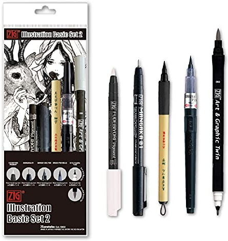 Kuretake Zig Inktober pen set, for Illustration, Manga Drawing, Lettering and Calligraphy, Professional Artist, Made in Japan (Basic No.2(5pcs.))