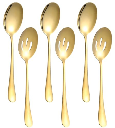 6 Pieces Serving Spoons Set, 8.7 Inch Serving Spoon, Includes 3 Server Spoon and 3 Slotted Spoons, Stainless Steel Buffet Banquet Large Utensils Cutlery Set for Kitchen, Gold