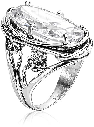 Statement-Ring aus 925er-Sterlingsilber mit weißem, ovalem, kubischem Zirkonia, CZ-Blumenmuster, Vintage-Antik-Look, hypoallergen, nickel- und bleifrei, handwerklich gefertigte Designer-Kollektion