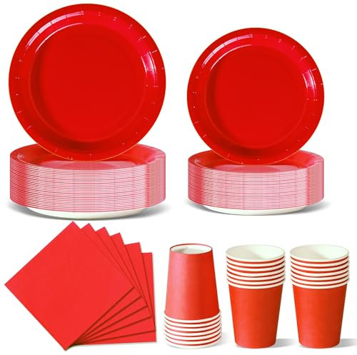 Nkaiso Anniversaire Vaisselle de fete 96 Pièces Rouge Foncé Party Assiettes en Papier Set Assiettes de Fête Jetables Papier Tasses Serviettesr, pour Barbecue les Fêtes les Pique-niques -24 Invités