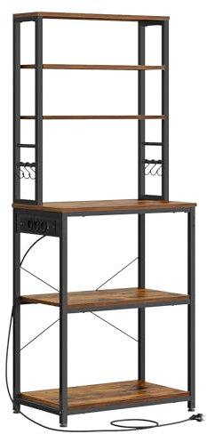 VASAGLE Küchenregal mit Steckdosen, Standregal für Küche, Mikrowellen-Regal, 6 Regalebenen, 6 Haken, Stahlrahmen, 40 x 60 x 167 cm, vintagebraun-tintenschwarz KKS124K01