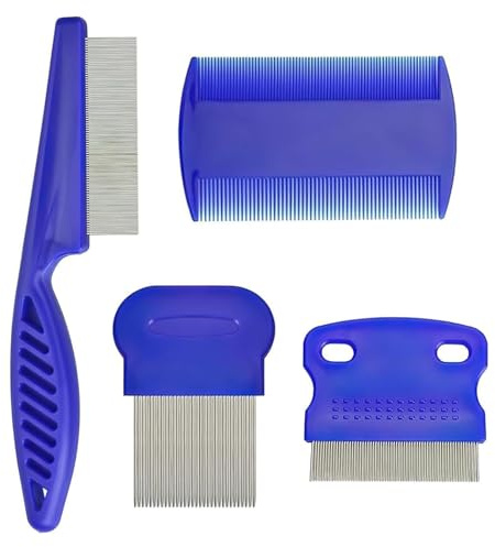 Flea Comb Set for Cats and Dogs - Pet Tear Stain Remover Comb - 4 iece Flea Lice Comb for Small, Medium & Large Pets (Blue)